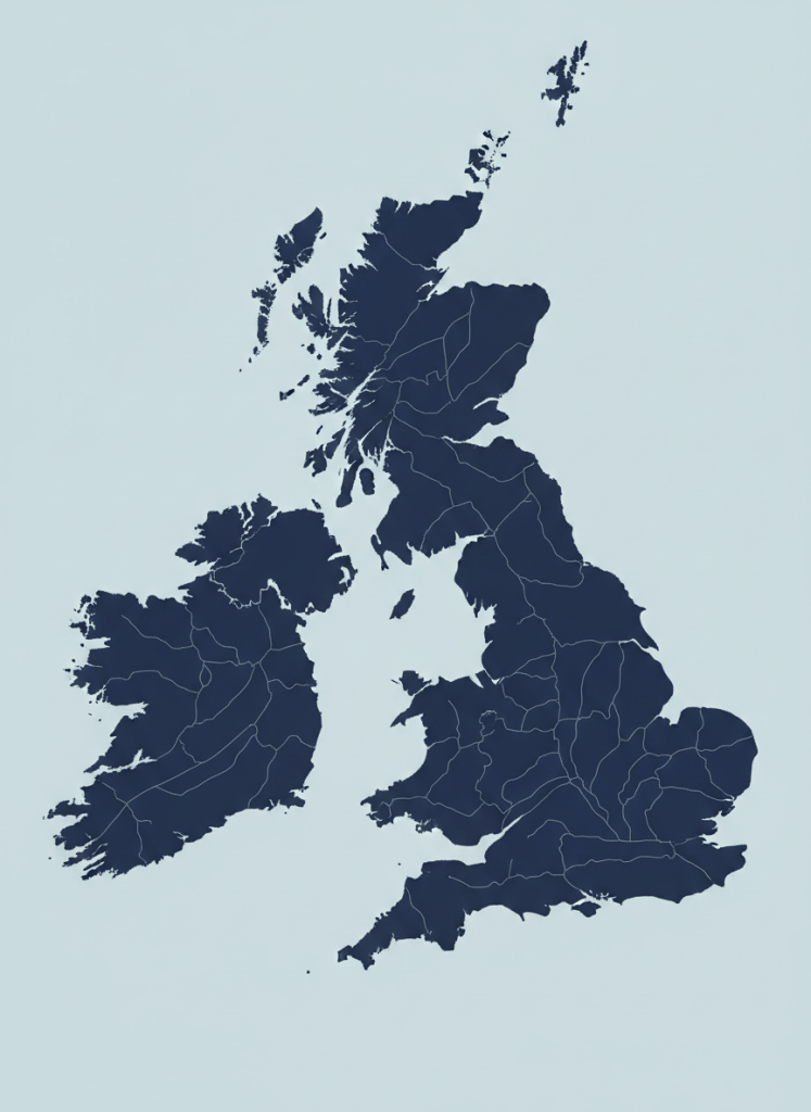 A clean minimal map of the United Kingdom in navy and light blue tones showing faint road networks.